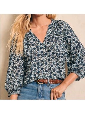 FAHERTY BLUE FLORAL BOHO PORTIA BLOUSE WOMENS SZ LARGE